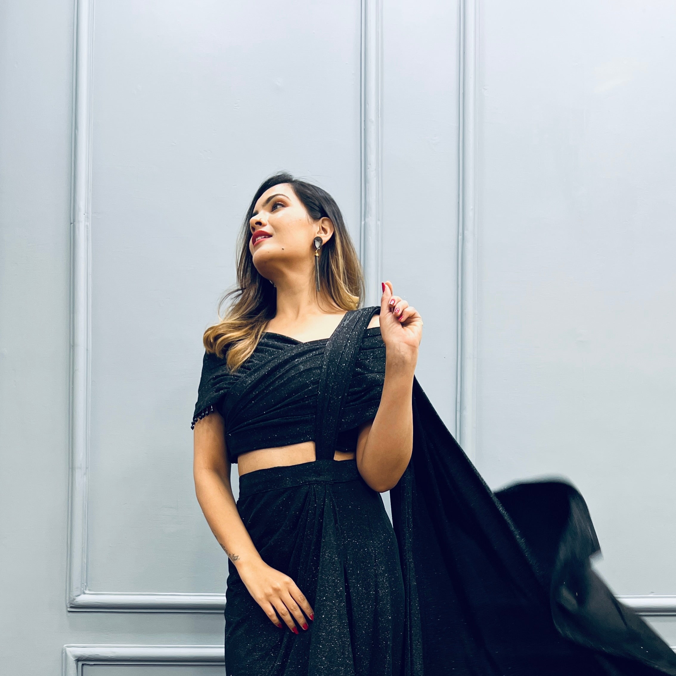 Pre-draped designer & stylish partwear ready to wear black sarong saree