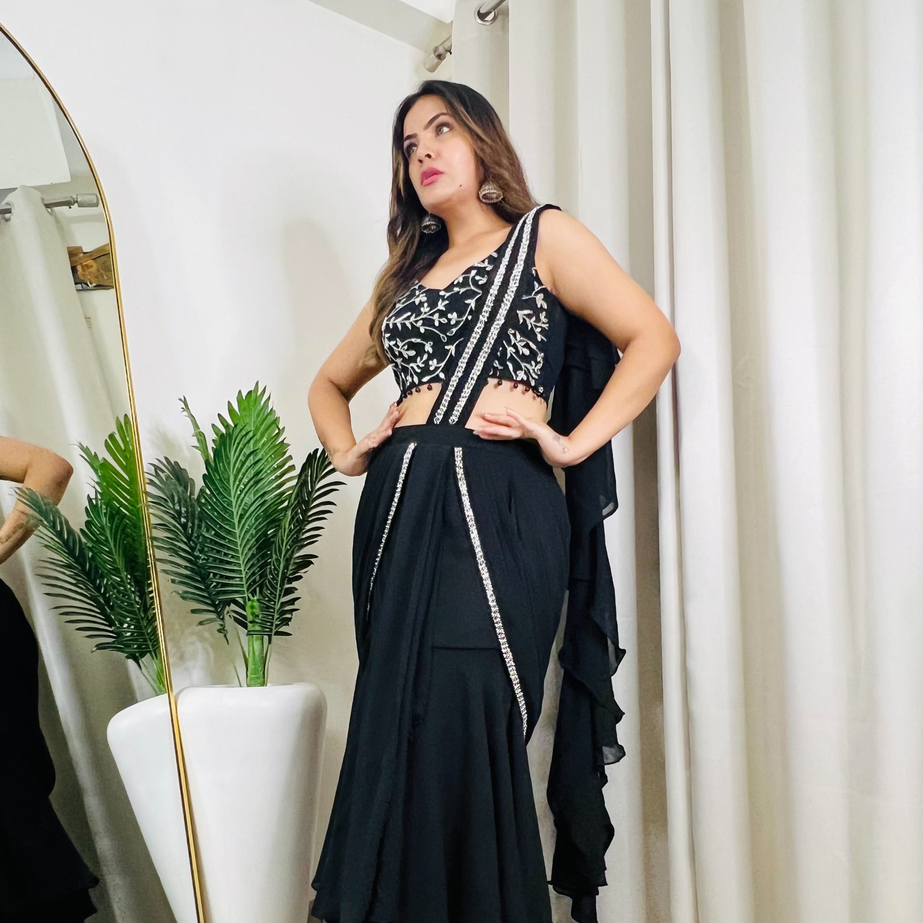 Supper trendy black pre-draped cocktail mermaid saree for women’s