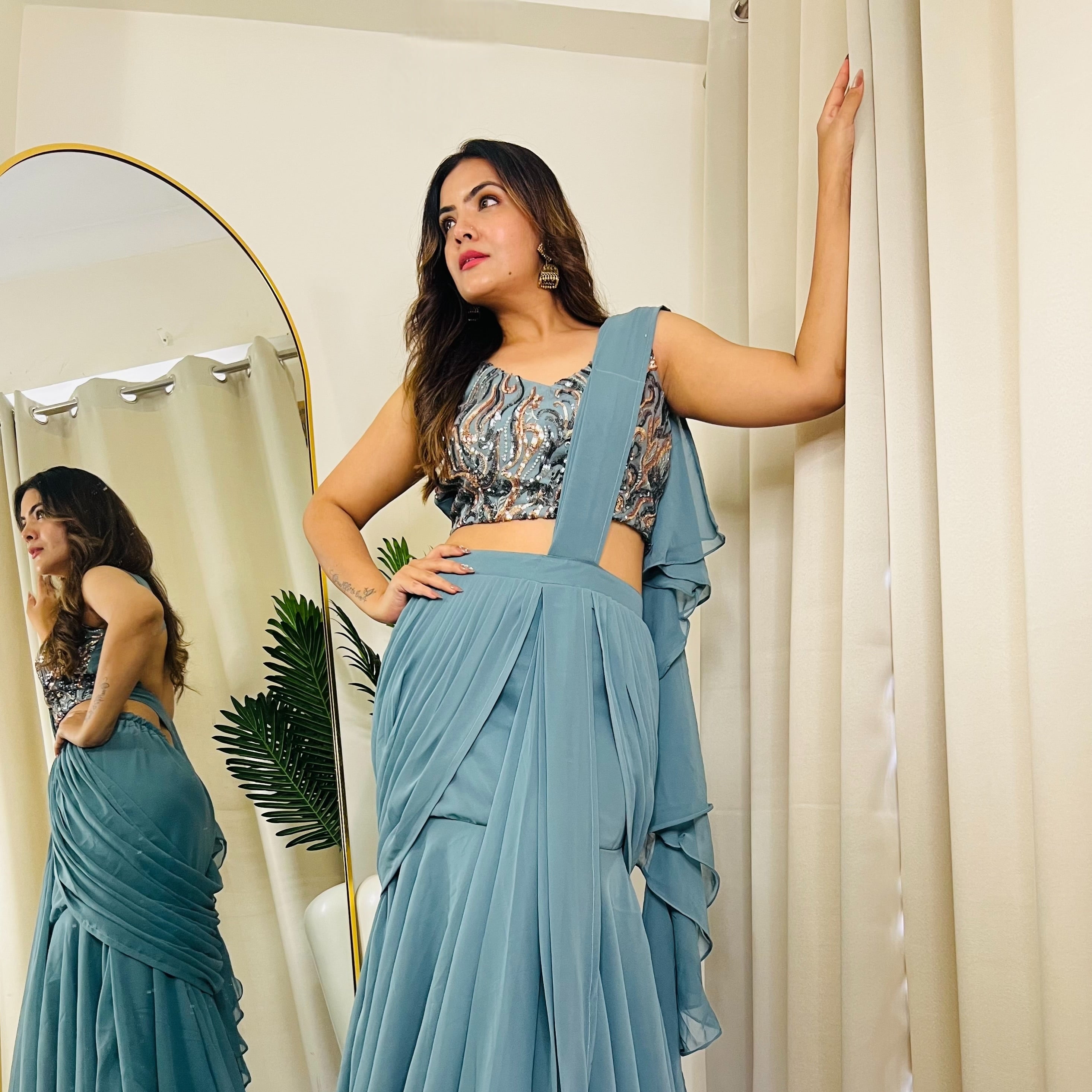 Supper trendy grey pre-draped cocktail mermaid saree for women’s