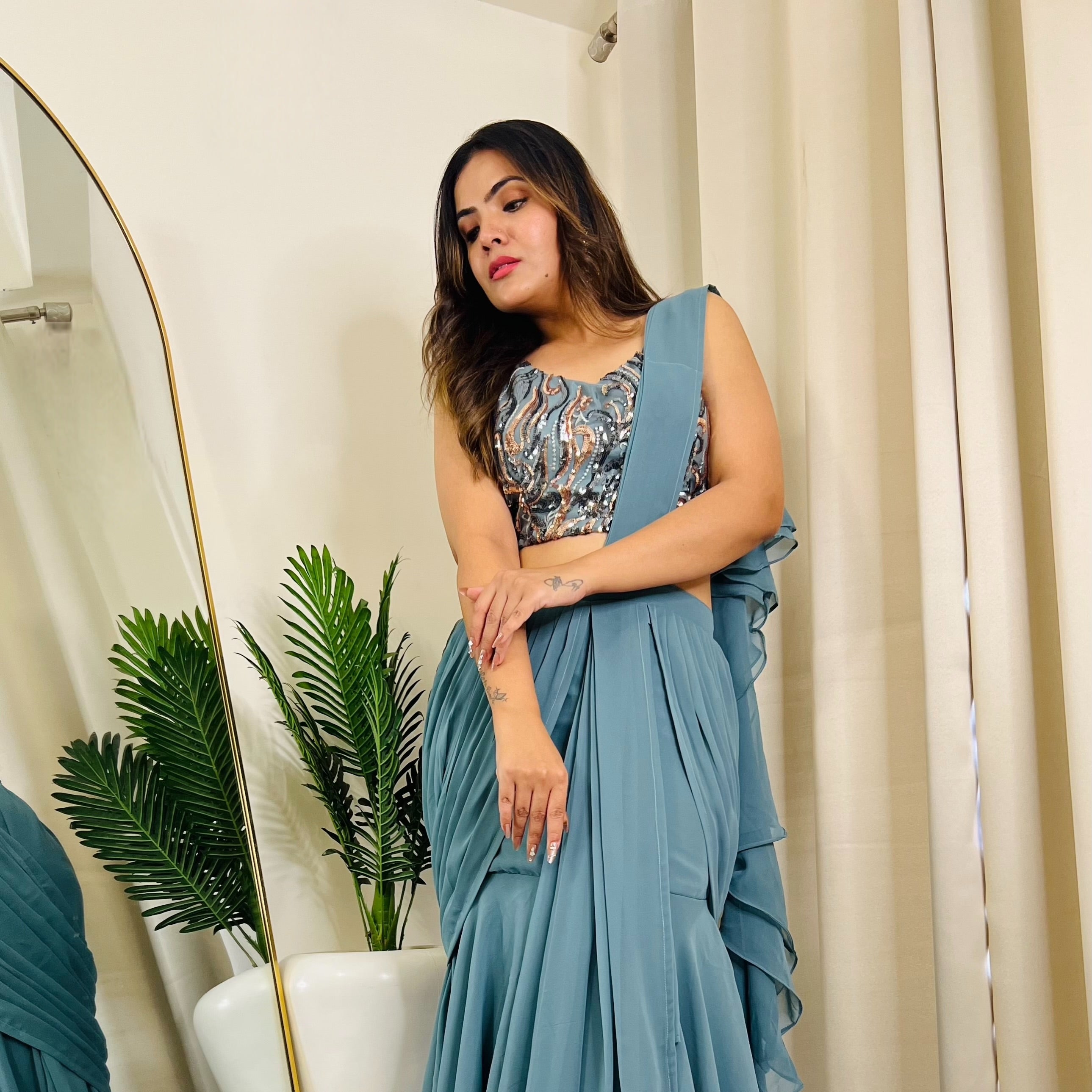 Supper trendy black pre-draped cocktail mermaid saree for women’s