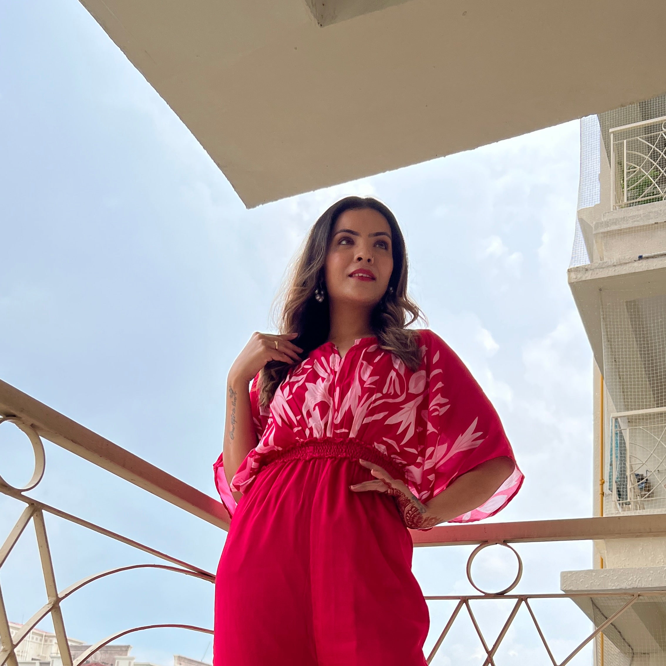 Designer Hot Pink Printed Jumpsuit in Muslin