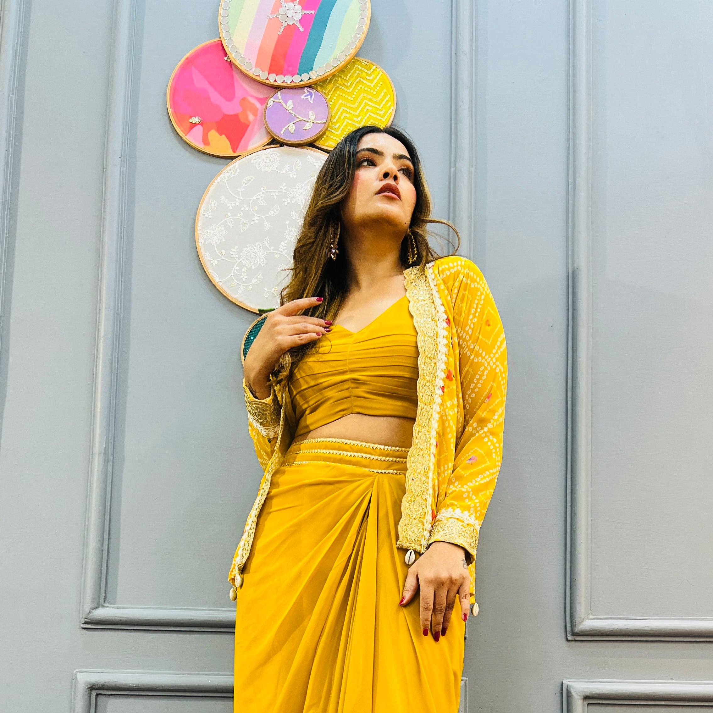 Perfect Lungi Draped Dress with jacket for Haldi