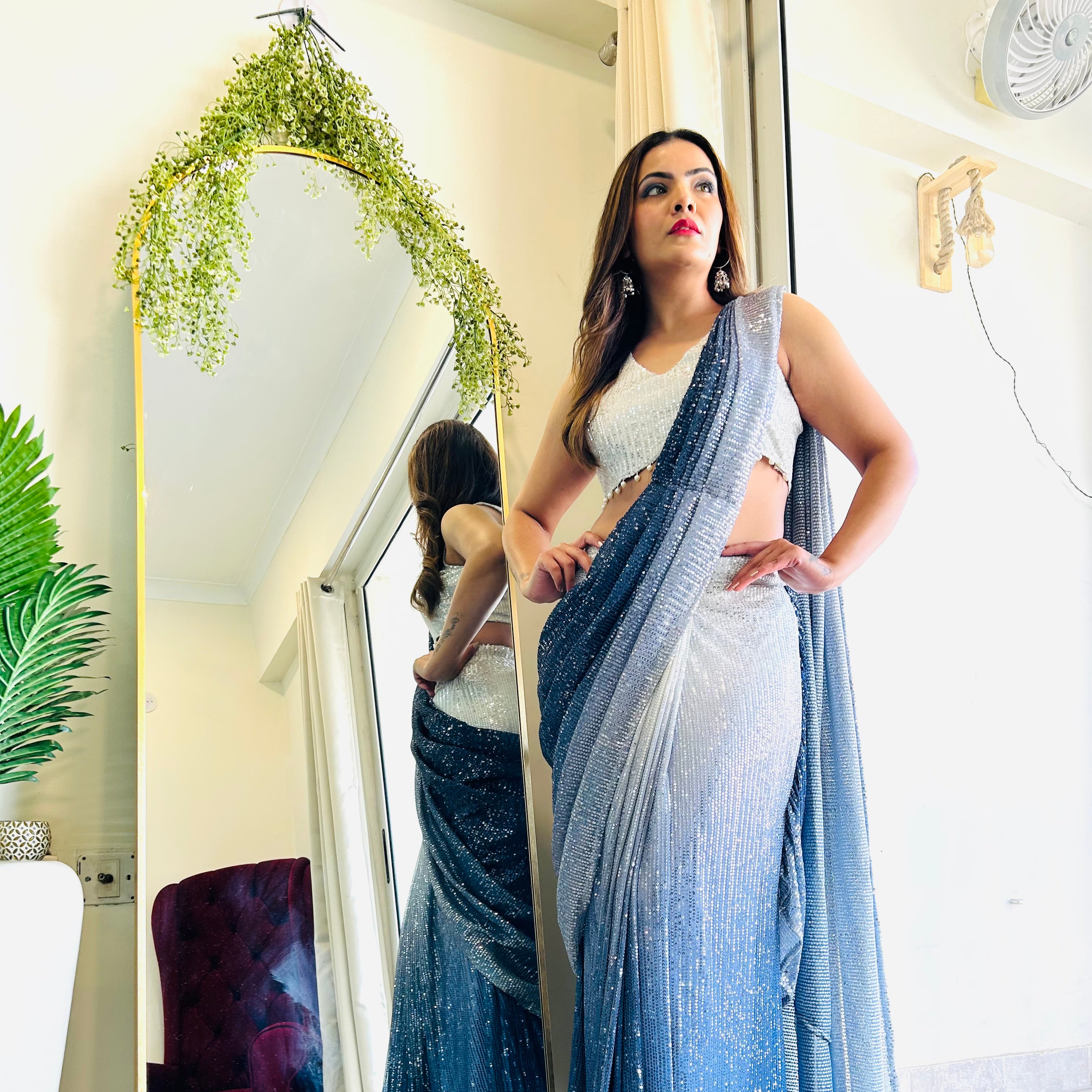 Mesmerising designer Ombre sequence ready to wear saree in aqua blue colour perfect for farewell & parties