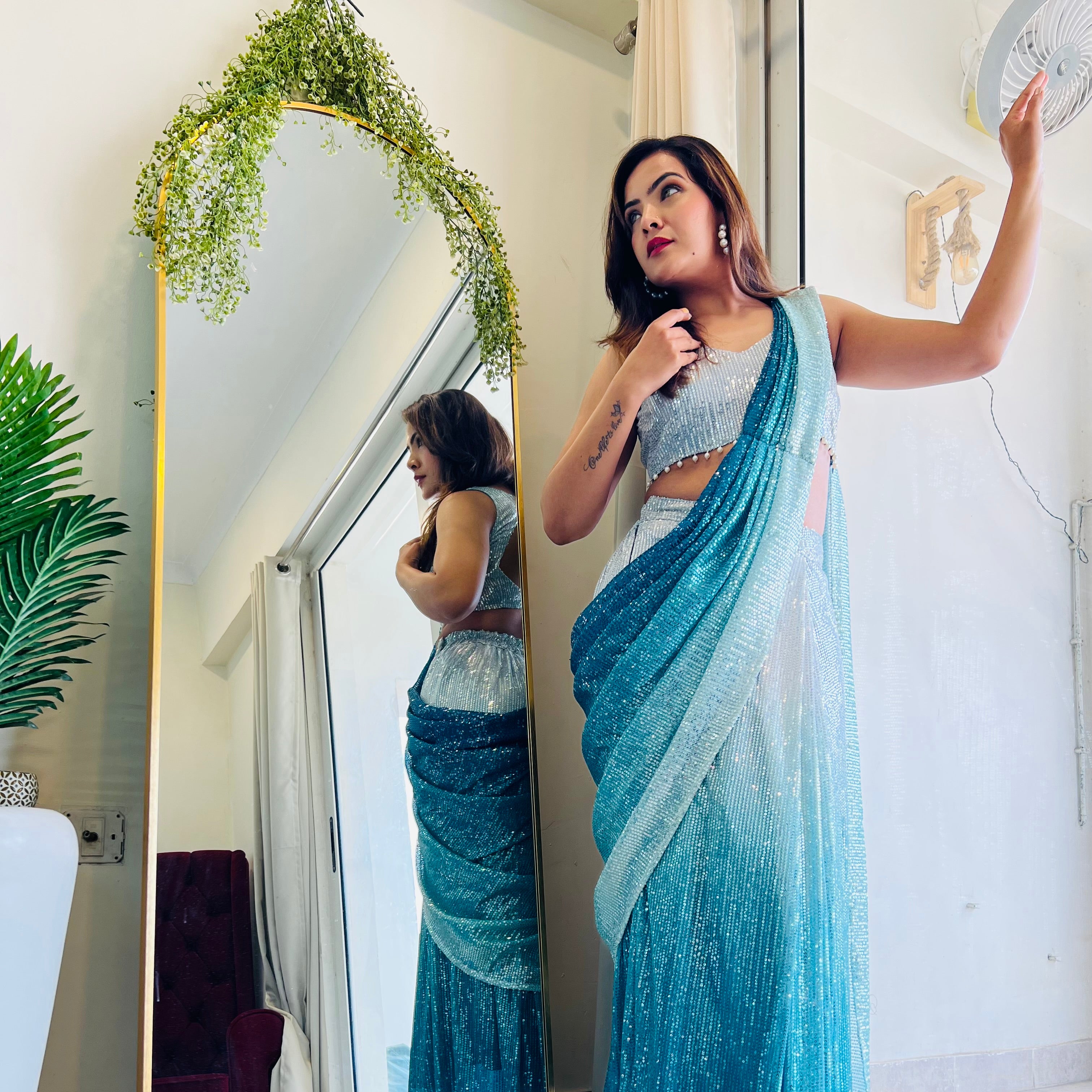 Mesmerising designer Ombre sequence ready to wear saree in aqua blue colour perfect for farewell & parties