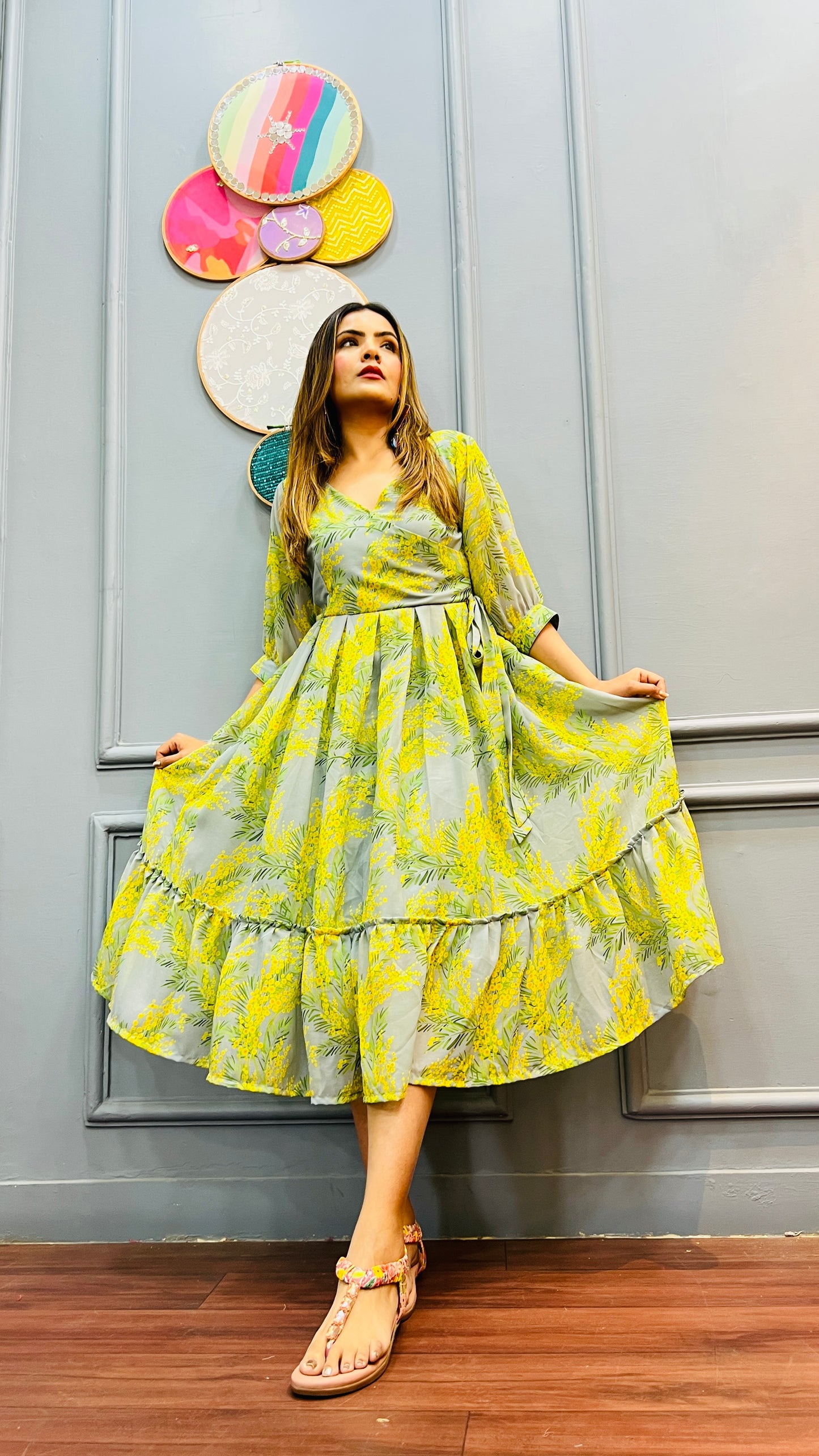 Floral Printed lime green summer short dress/Kneelength dress/summer outfit