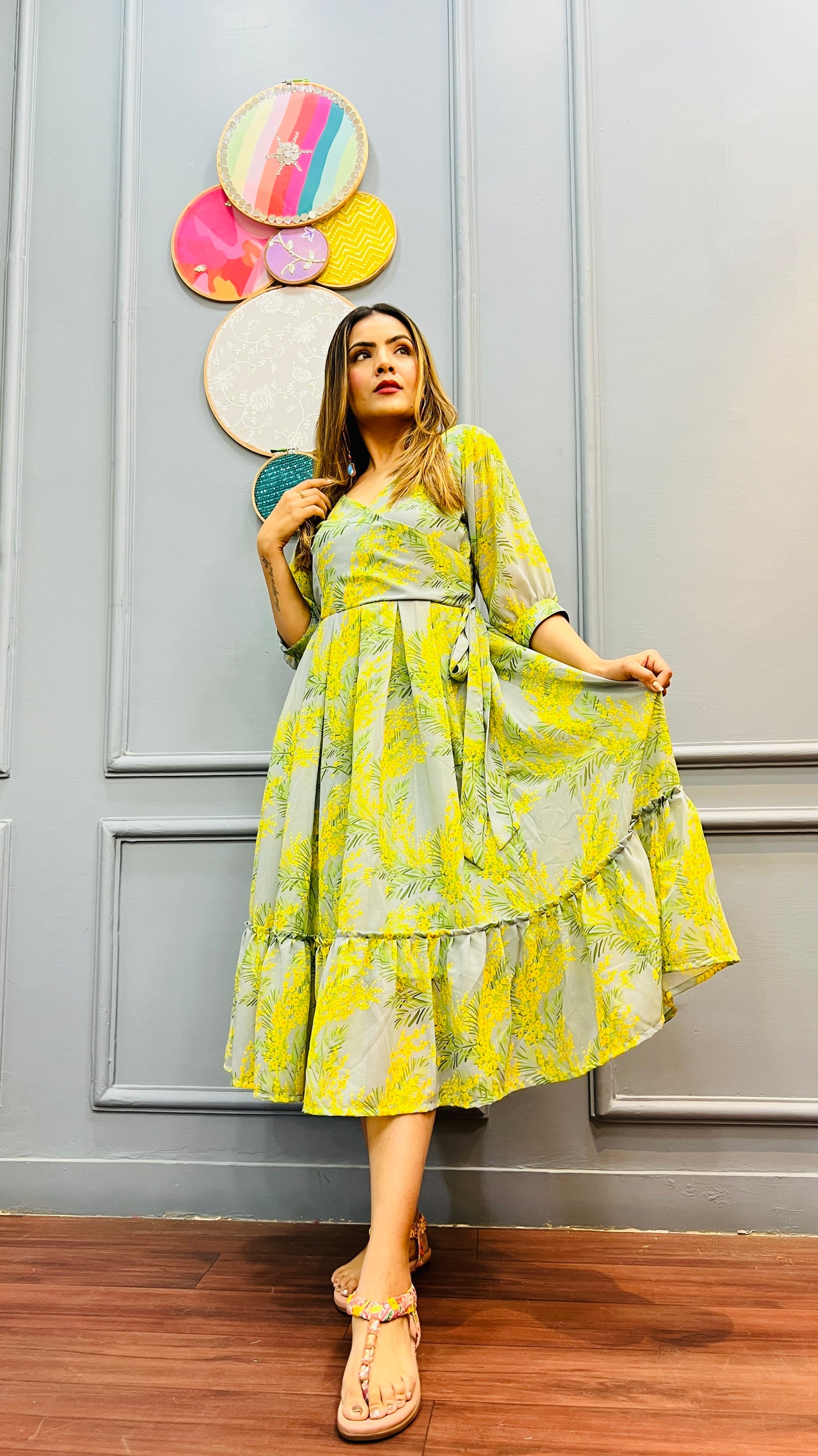 Floral Printed lime green summer short dress/Kneelength dress/summer outfit