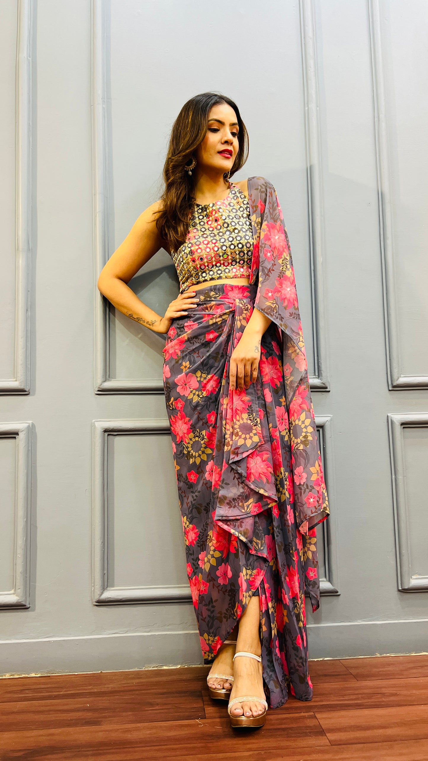 Ready to wear floral designer drape saree