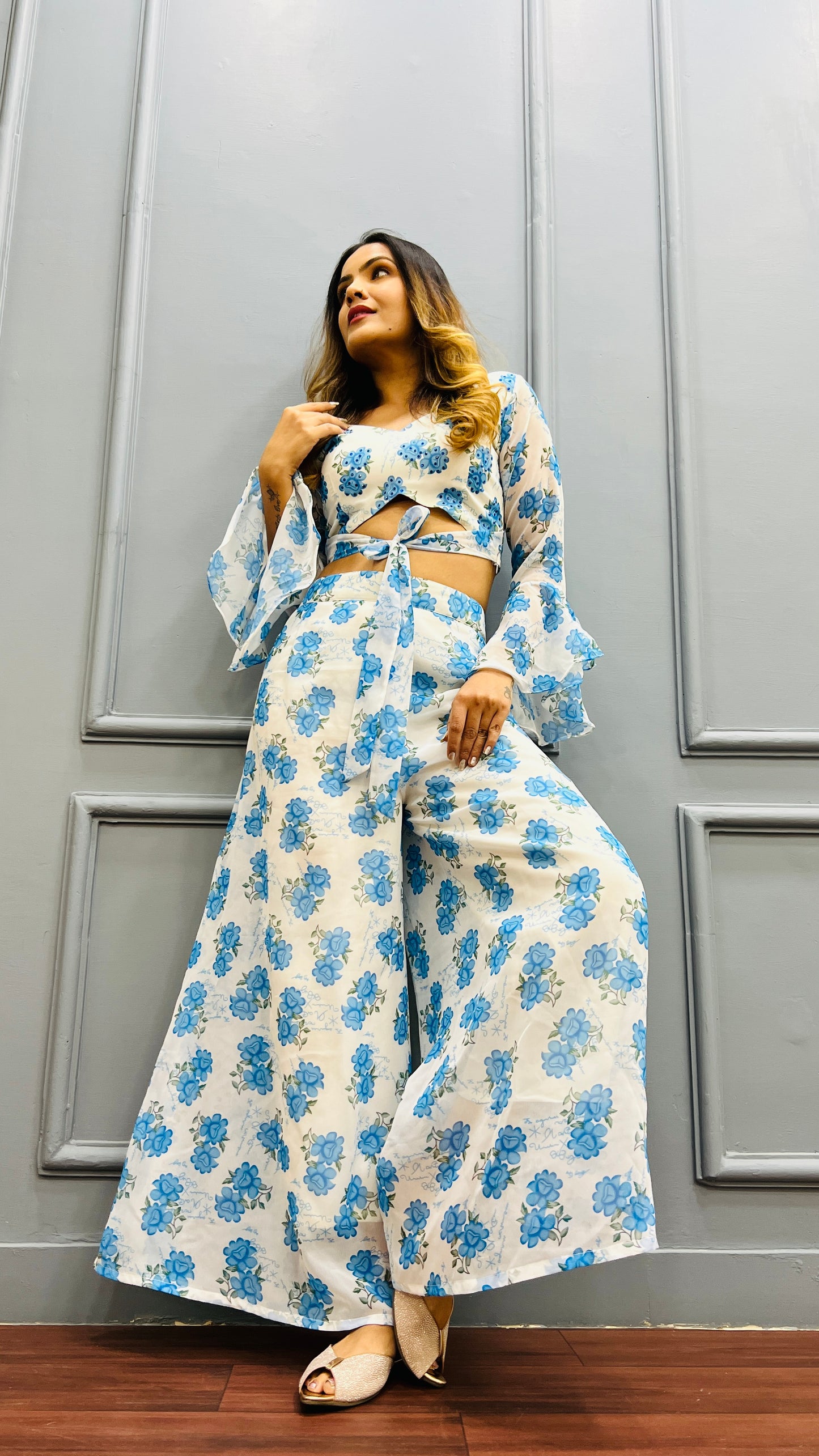 Stunning 2piece Coordset for women in aqua colour embellished with handwork