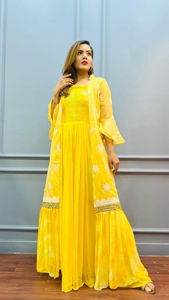 Designer YELLOW JUMPSUIT WITH LONG JACKET PERFECT OUTFIT FOR HALDI